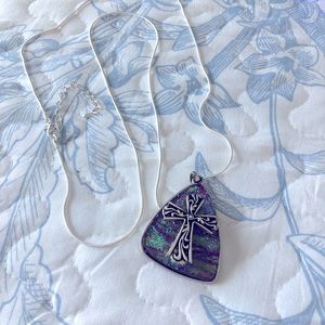 Stylized Cross Necklace on Beautiful Glass Base. Sparkles in the sunlight. NWOT